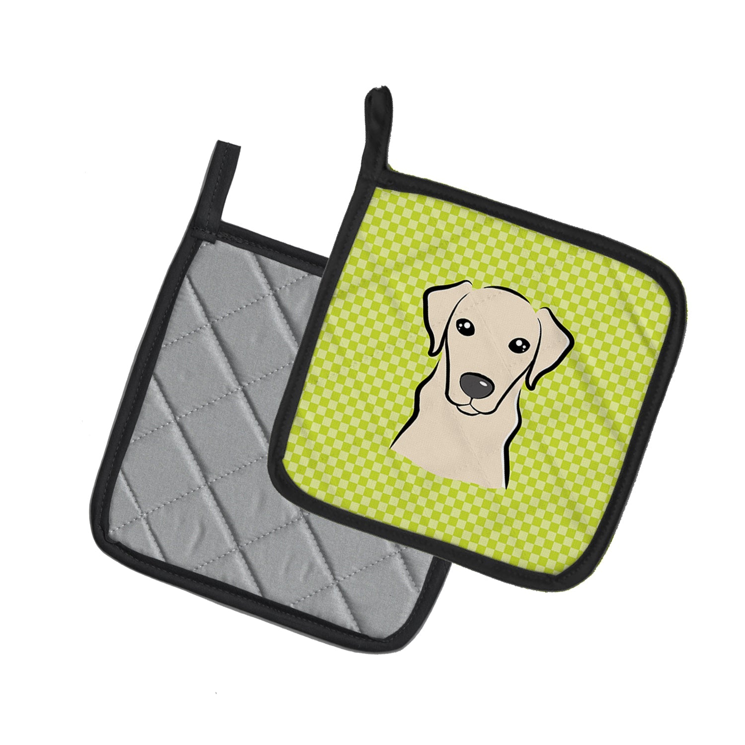 Checkerboard Lime Green Yellow Labrador Pot Holder Set of 2 Heat Resistant Quilted Hot Pads 7.5 x 7.5 Inch, Insulated Kitchen Trivets for Cooking & Baking