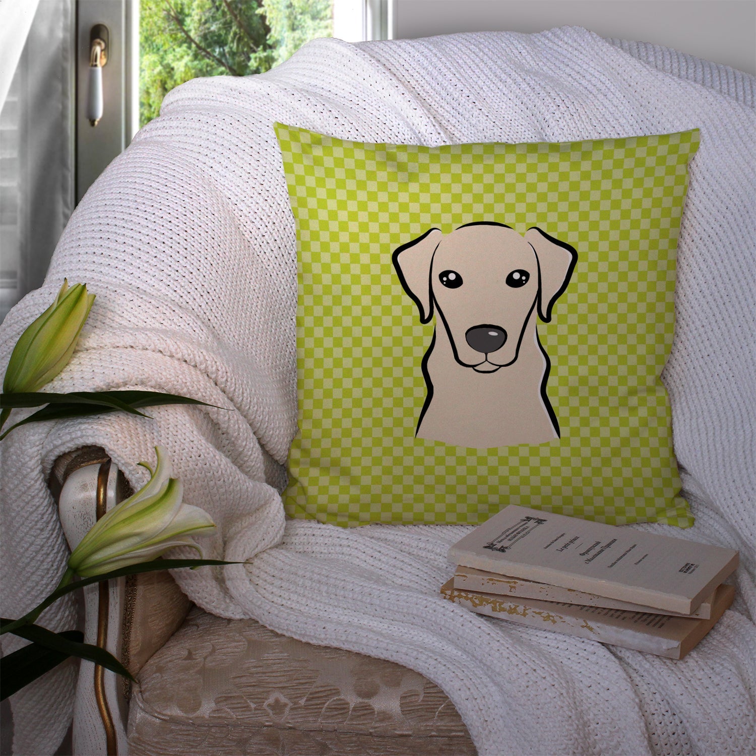 Checkerboard Lime Green Yellow Labrador Decorative Throw Pillow 14x14 Indoor Outdoor Accent Cushion, Fabric Cover with Insert for Sofa, Bed, Porch & Living Room