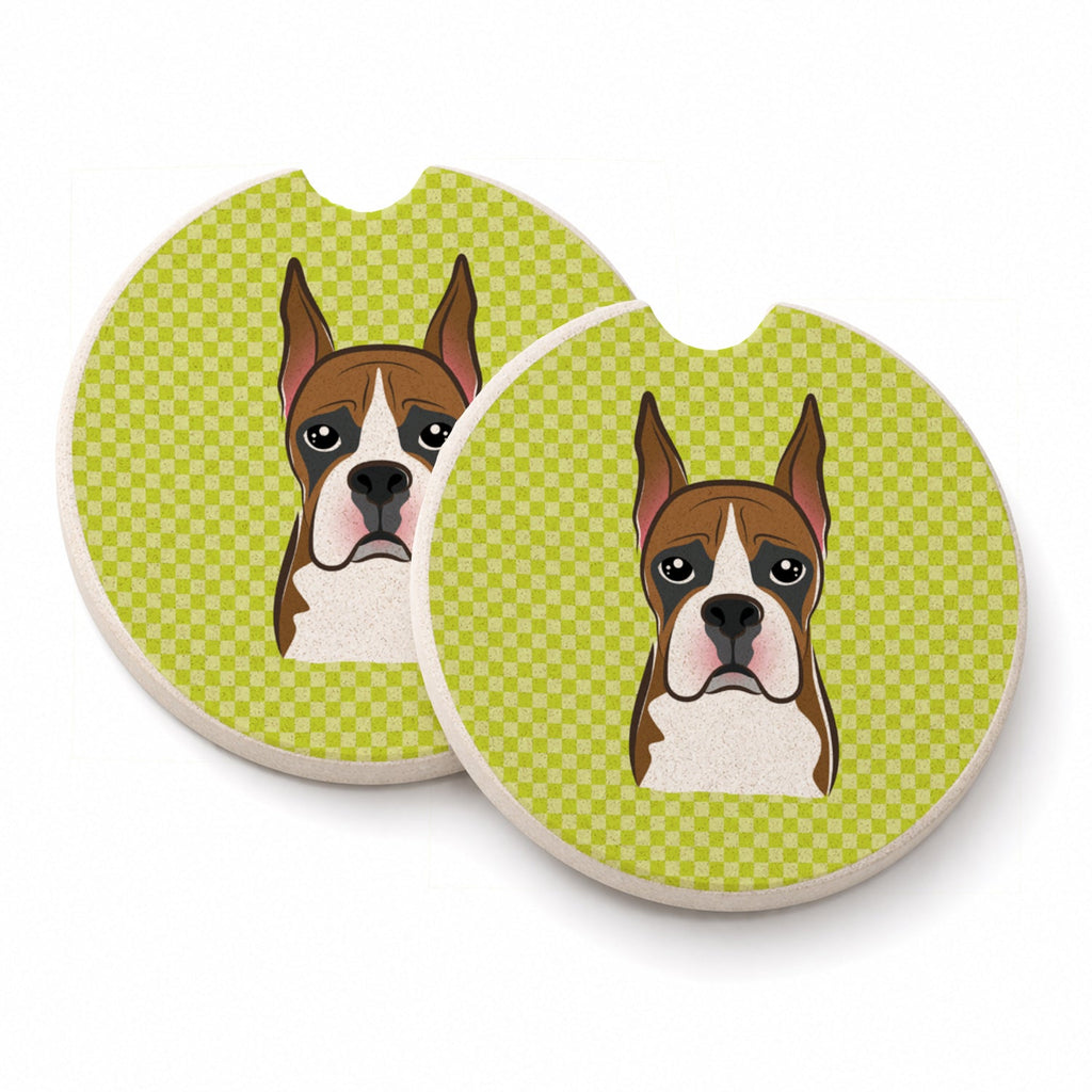 Checkerboard Lime Green Boxer Set of 2 Cup Holder Car Coasters Absorbent Round Sandstone Coasters Gifts for Men or Women, 2.5, Multicolor