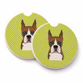 Checkerboard Lime Green Boxer Set of 2 Cup Holder Car Coasters Absorbent Round Sandstone Coasters Gifts for Men or Women, 2.5, Multicolor