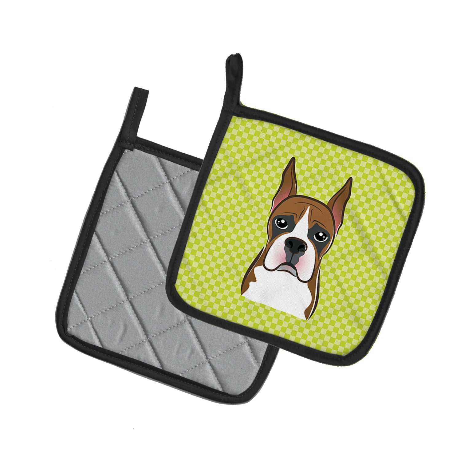 Checkerboard Lime Green Boxer Pot Holder Set of 2 Heat Resistant Quilted Hot Pads 7.5 x 7.5 Inch, Insulated Kitchen Trivets for Cooking & Baking