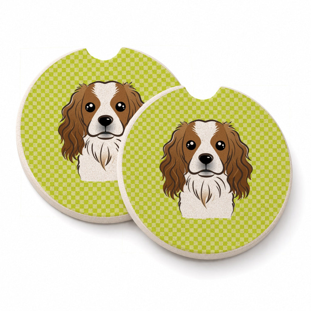 Checkerboard Lime Green Cavalier Spaniel Set of 2 Cup Holder Car Coasters Absorbent Round Sandstone Coasters Gifts for Men or Women, 2.5, Multicolor