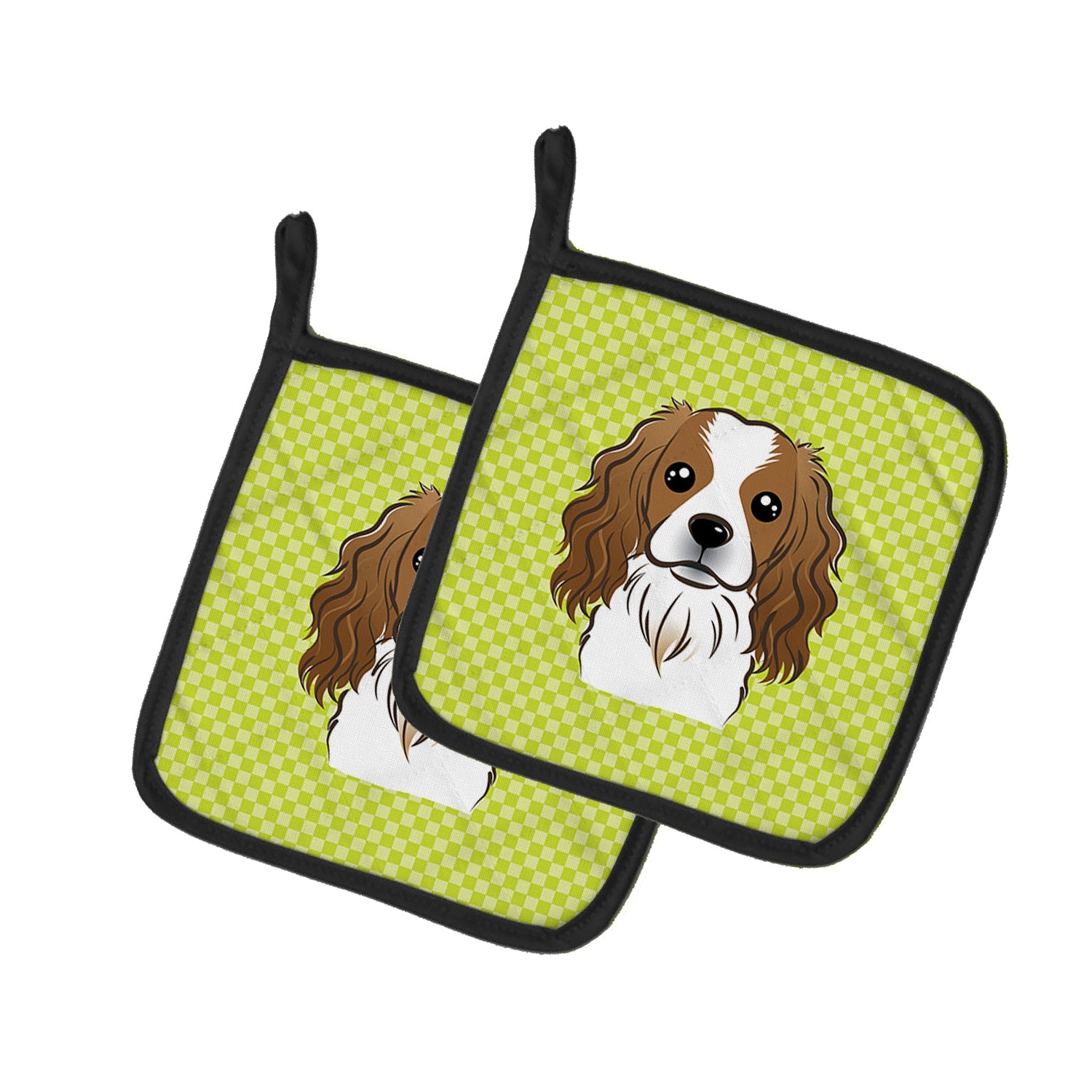 Checkerboard Lime Green Cavalier Spaniel Pot Holder Set of 2 Heat Resistant Quilted Hot Pads 7.5 x 7.5 Inch, Insulated Kitchen Trivets for Cooking & Baking