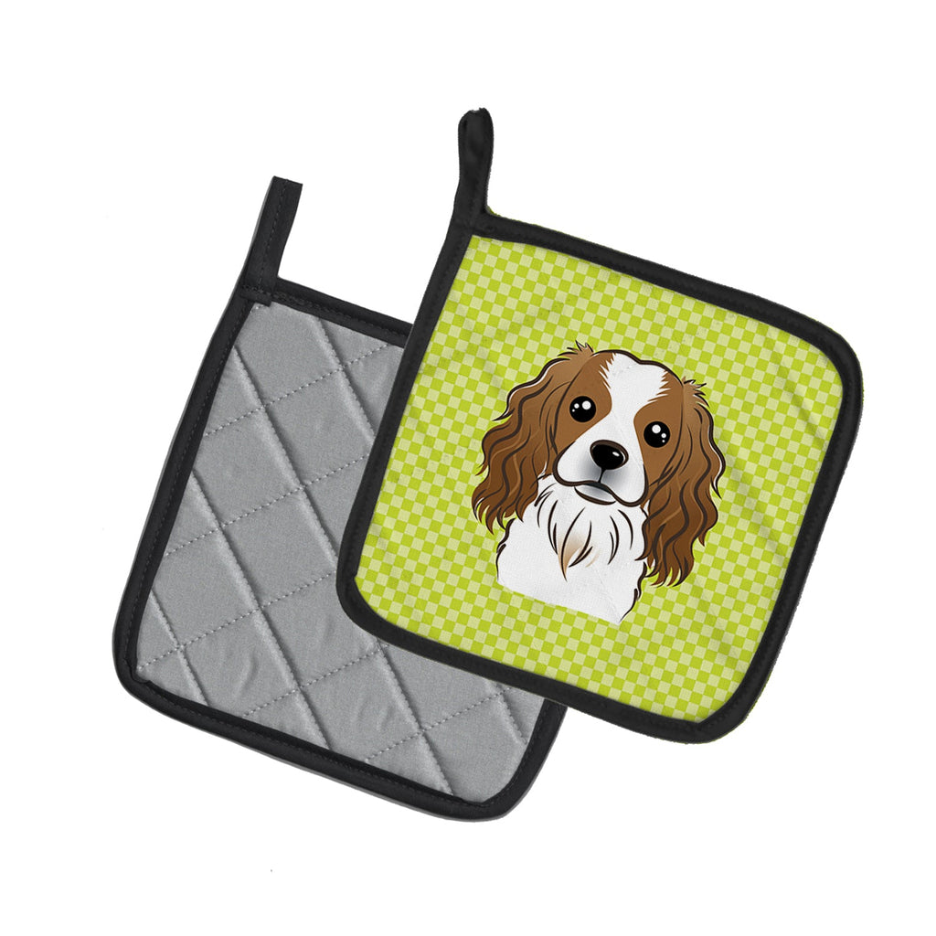 Checkerboard Lime Green Cavalier Spaniel Pot Holder Set of 2 Heat Resistant Quilted Hot Pads 7.5 x 7.5 Inch, Insulated Kitchen Trivets for Cooking & Baking