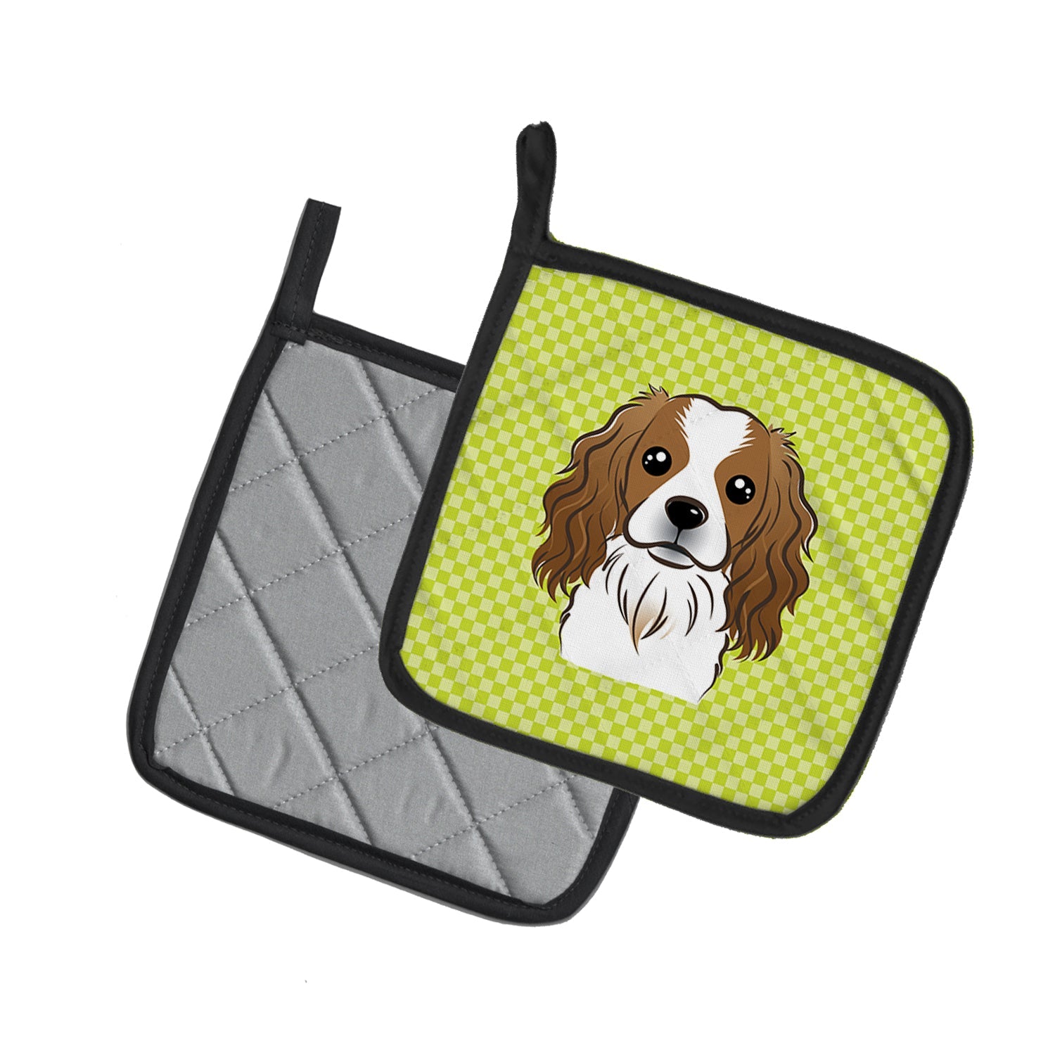 Checkerboard Lime Green Cavalier Spaniel Pot Holder Set of 2 Heat Resistant Quilted Hot Pads 7.5 x 7.5 Inch, Insulated Kitchen Trivets for Cooking & Baking