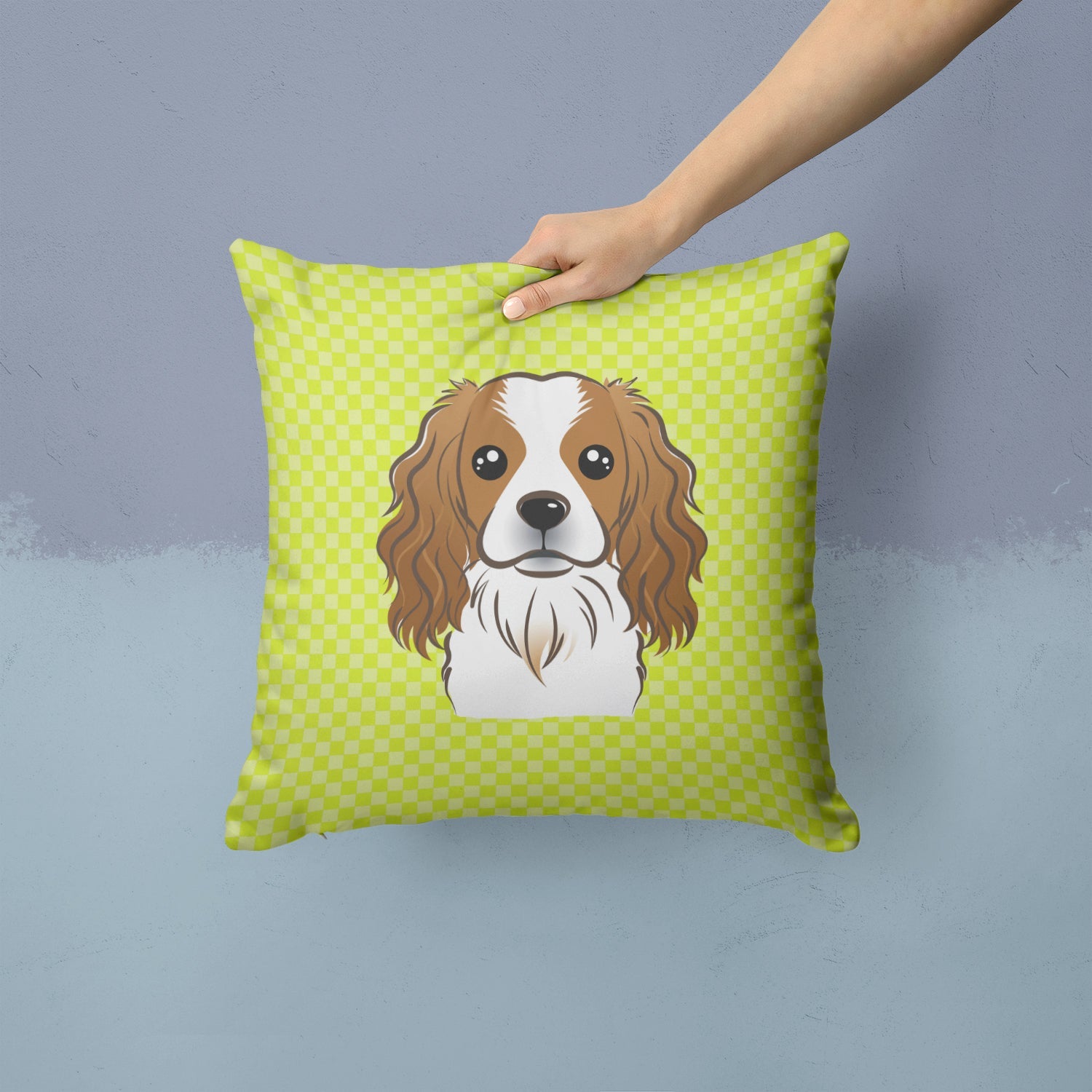 Checkerboard Lime Green Cavalier Spaniel Decorative Throw Pillow 14x14 Indoor Outdoor Accent Cushion, Fabric Cover with Insert for Sofa, Bed, Porch & Living Room