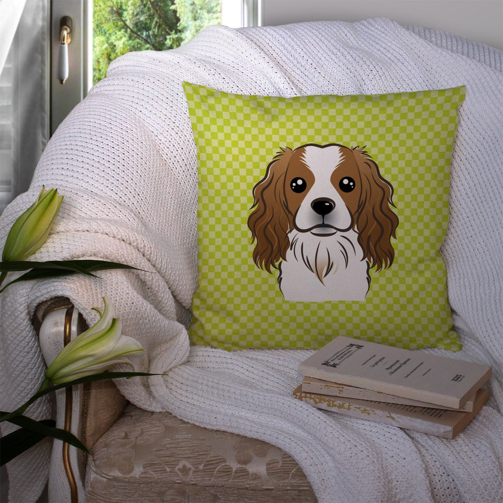 Checkerboard Lime Green Cavalier Spaniel Decorative Throw Pillow 14x14 Indoor Outdoor Accent Cushion, Fabric Cover with Insert for Sofa, Bed, Porch & Living Room