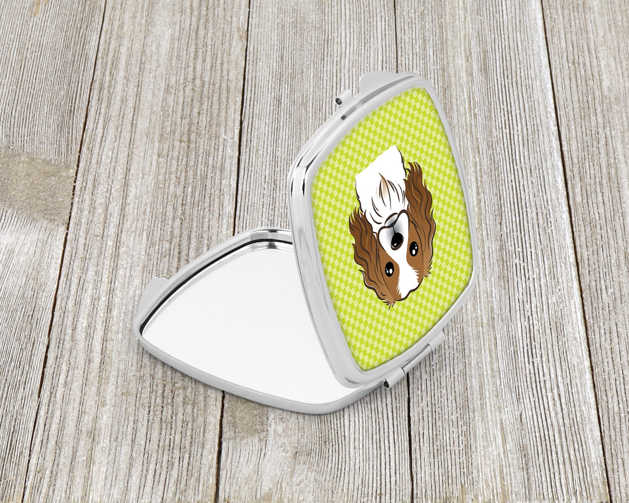 Checkerboard Lime Green Cavalier Spaniel Compact Mirror Decorative Travel Makeup Mirror for Women Girls Gifts Pocket Makeup Mirror Folding Handheld
