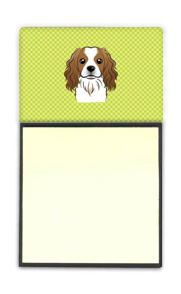 Checkerboard Lime Green Cavalier Spaniel Watercolor Sticky Note Holder Refillable Dispenser Desk Accessory 3x3 Pad Gift
