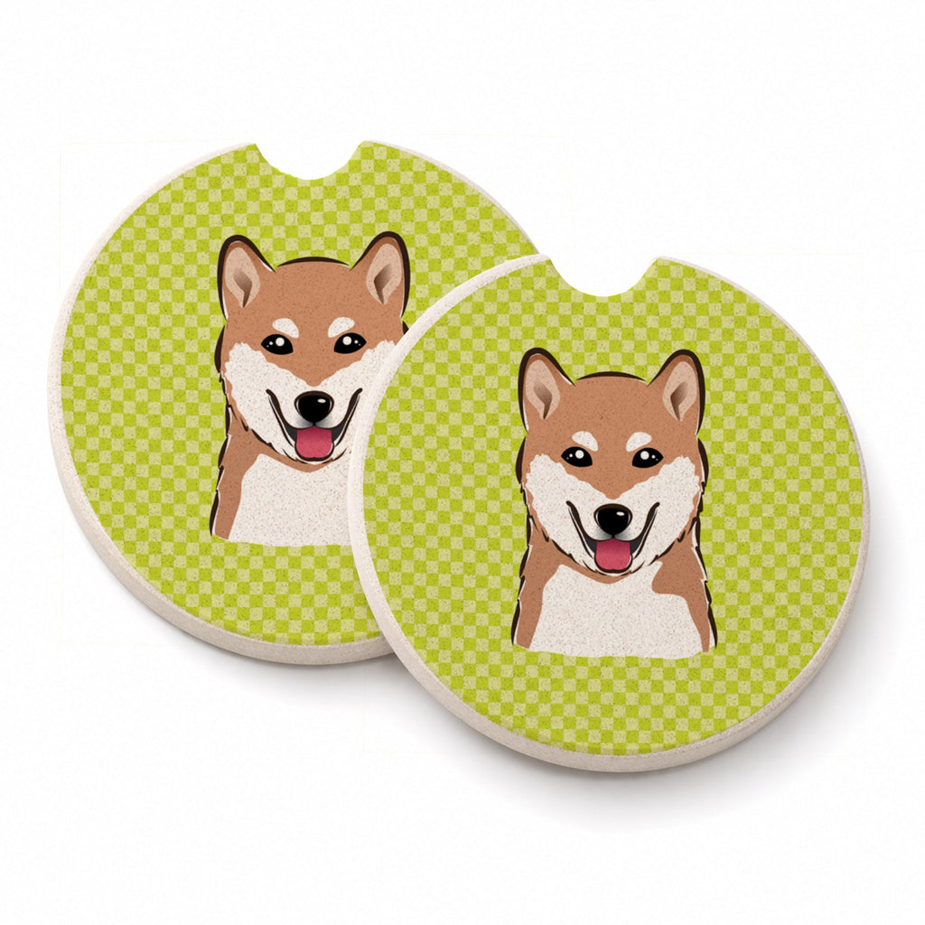 Checkerboard Lime Green Shiba Inu Set of 2 Cup Holder Car Coasters Absorbent Round Sandstone Coasters Gifts for Men or Women, 2.5, Multicolor