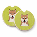 Checkerboard Lime Green Shiba Inu Set of 2 Cup Holder Car Coasters Absorbent Round Sandstone Coasters Gifts for Men or Women, 2.5, Multicolor
