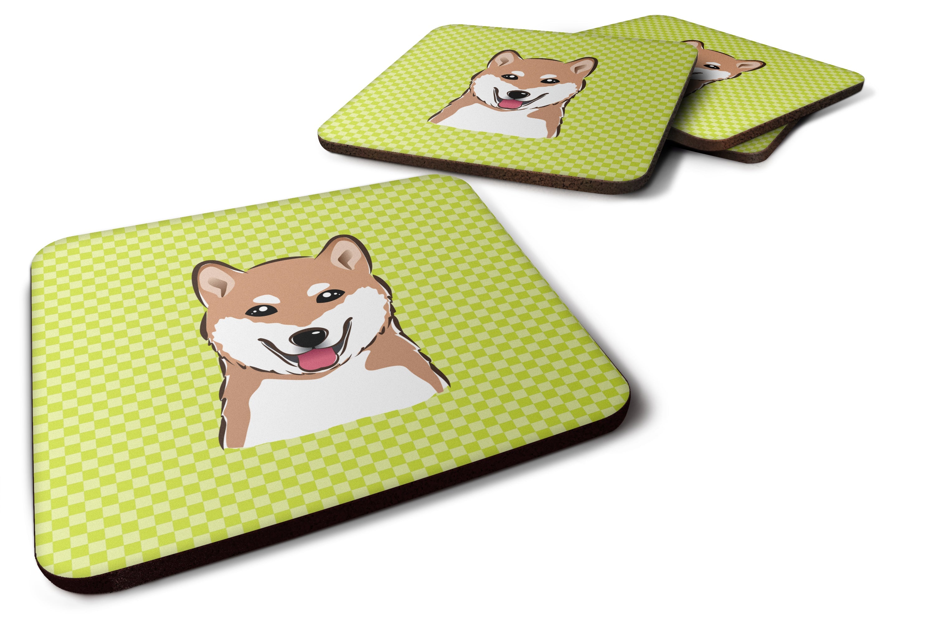 Checkerboard Lime Green Shiba Inu Foam Coasters Set of 4 Cup Coasters for Indoor Outdoor, Tabletop Protection, Anti Slip, Mouse pad Material