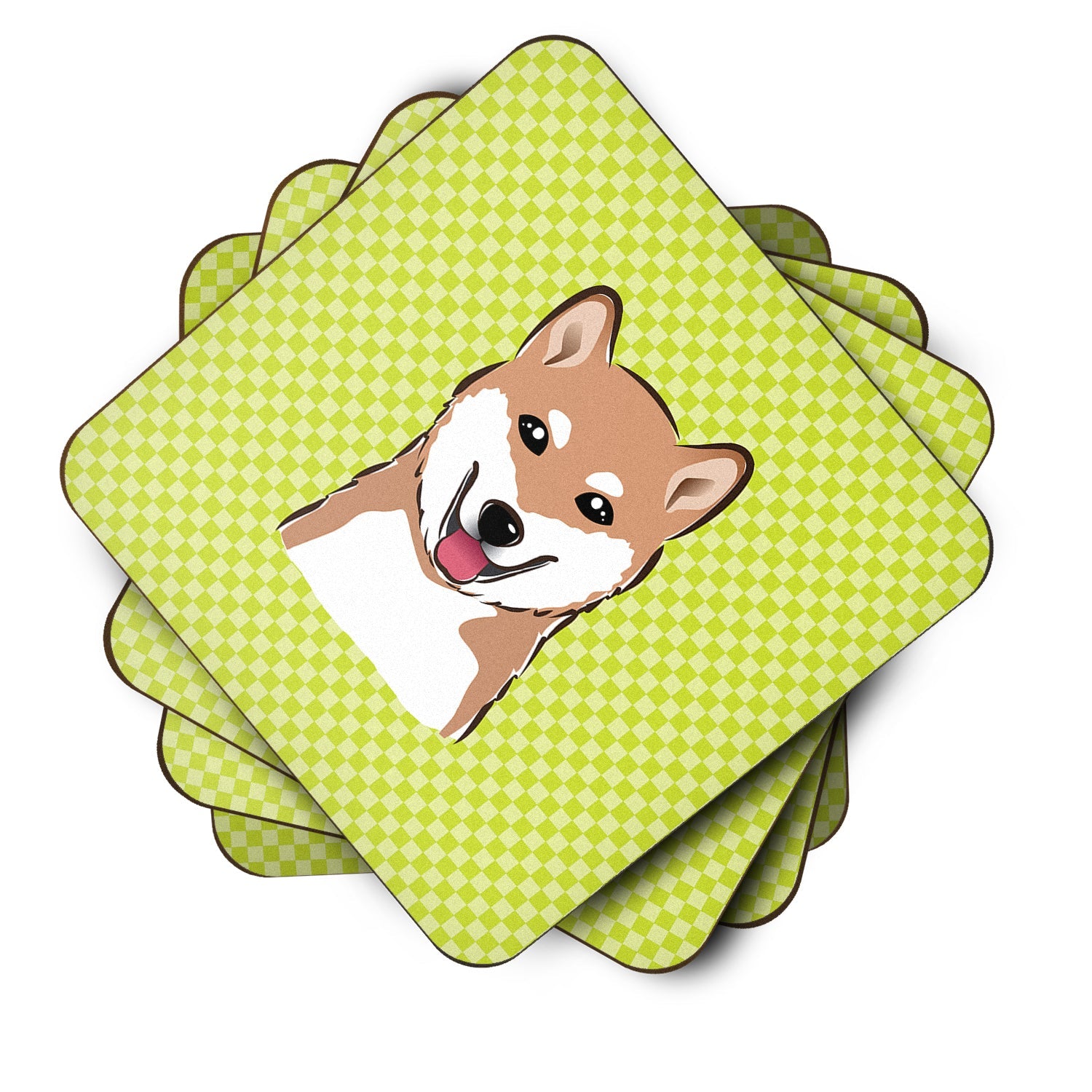 Checkerboard Lime Green Shiba Inu Foam Coasters Set of 4 Cup Coasters for Indoor Outdoor, Tabletop Protection, Anti Slip, Mouse pad Material