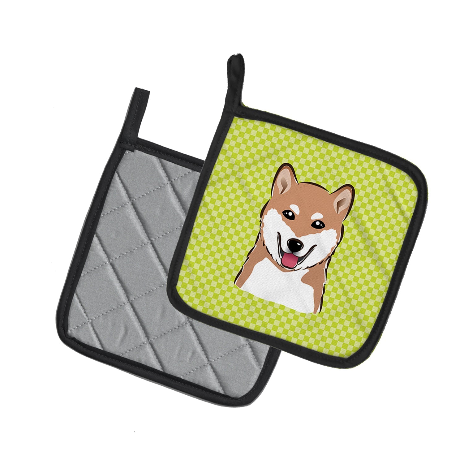 Checkerboard Lime Green Shiba Inu Pot Holder Set of 2 Heat Resistant Quilted Hot Pads 7.5 x 7.5 Inch, Insulated Kitchen Trivets for Cooking & Baking