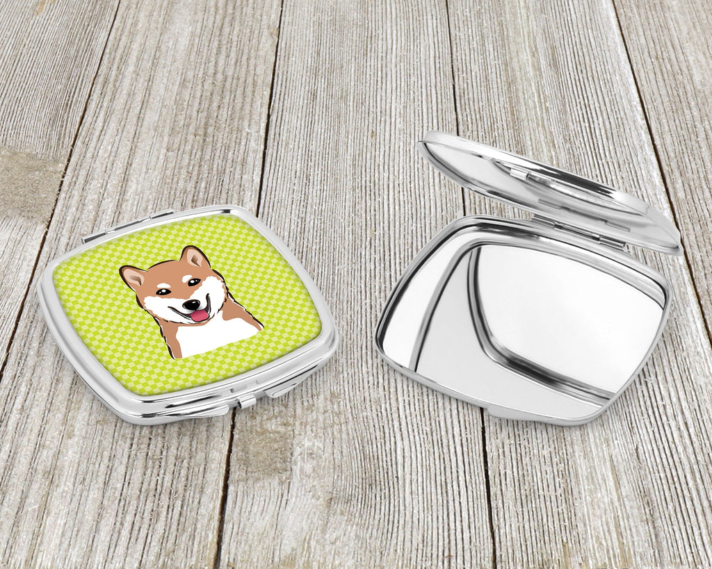 Checkerboard Lime Green Shiba Inu Compact Mirror Decorative Travel Makeup Mirror for Women Girls Gifts Pocket Makeup Mirror Folding Handheld