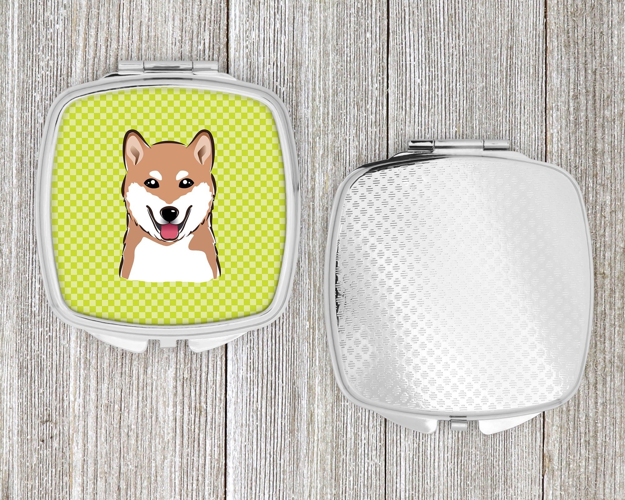 Checkerboard Lime Green Shiba Inu Compact Mirror Decorative Travel Makeup Mirror for Women Girls Gifts Pocket Makeup Mirror Folding Handheld