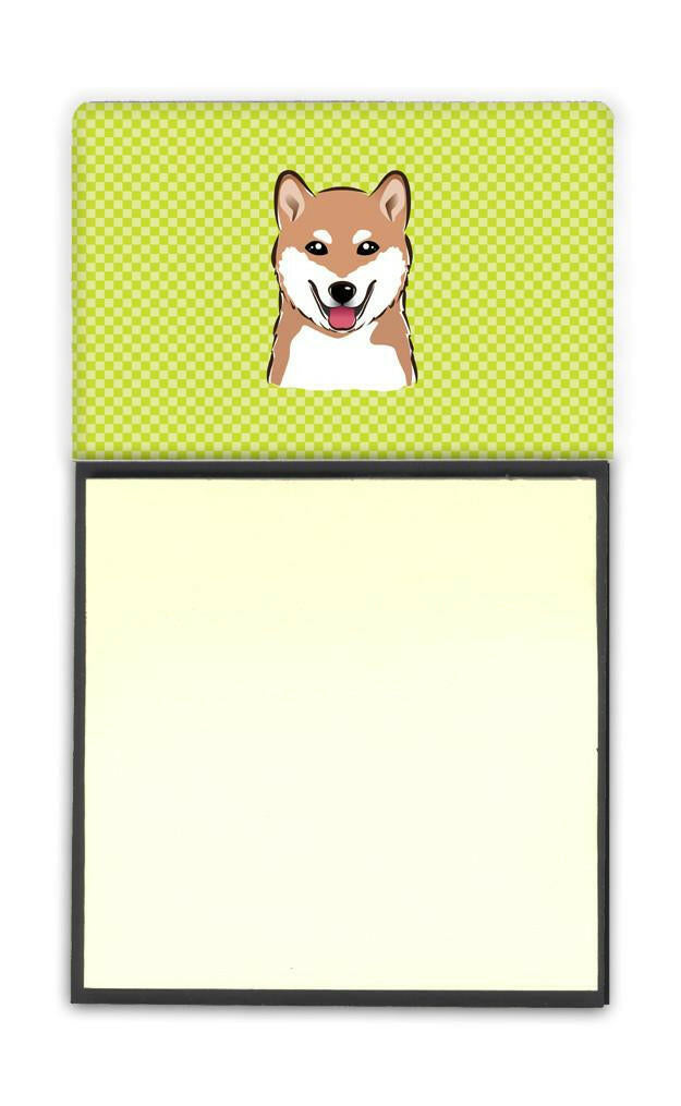 Checkerboard Lime Green Shiba Inu Watercolor Sticky Note Holder Refillable Dispenser Desk Accessory 3x3 Pad Gift