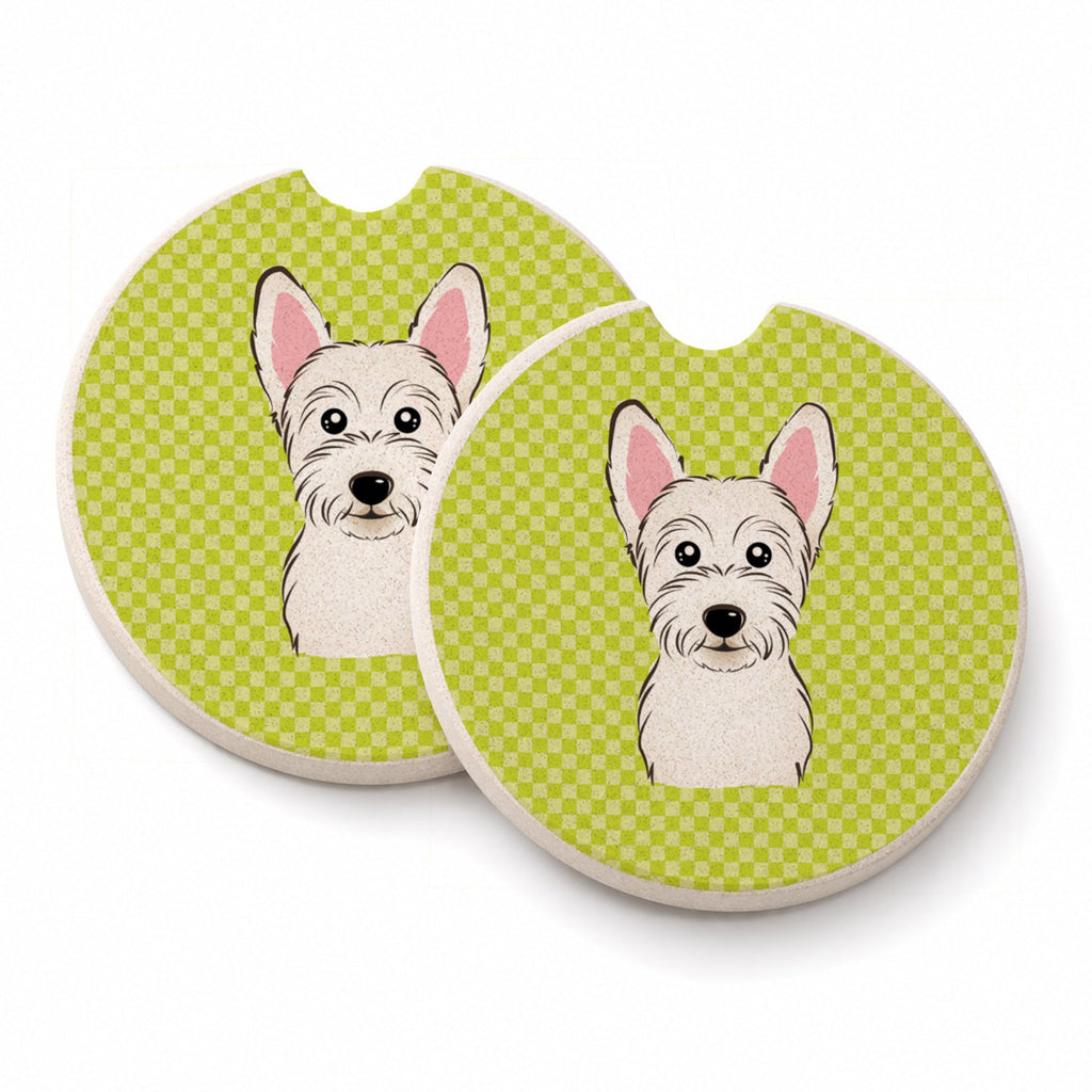 Checkerboard Lime Green Westie Set of 2 Cup Holder Car Coasters Absorbent Round Sandstone Coasters Gifts for Men or Women, 2.5, Multicolor