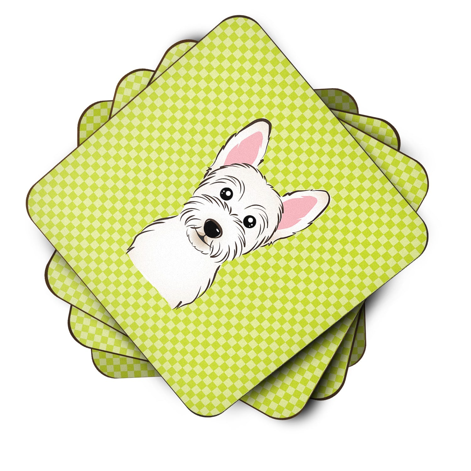 Checkerboard Lime Green Westie Foam Coasters Set of 4 Cup Coasters for Indoor Outdoor, Tabletop Protection, Anti Slip, Mouse pad Material