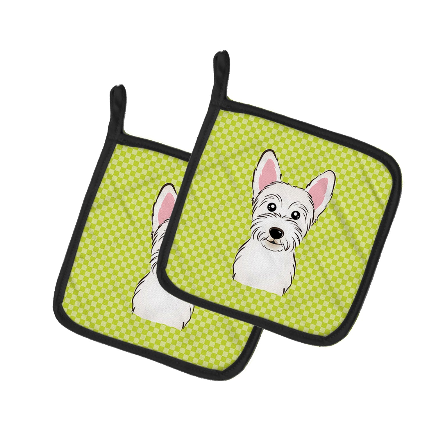 Checkerboard Lime Green Westie Pot Holder Set of 2 Heat Resistant Quilted Hot Pads 7.5 x 7.5 Inch, Insulated Kitchen Trivets for Cooking & Baking