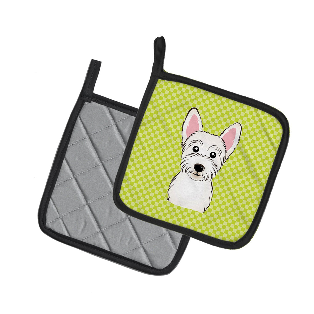 Checkerboard Lime Green Westie Pot Holder Set of 2 Heat Resistant Quilted Hot Pads 7.5 x 7.5 Inch, Insulated Kitchen Trivets for Cooking & Baking
