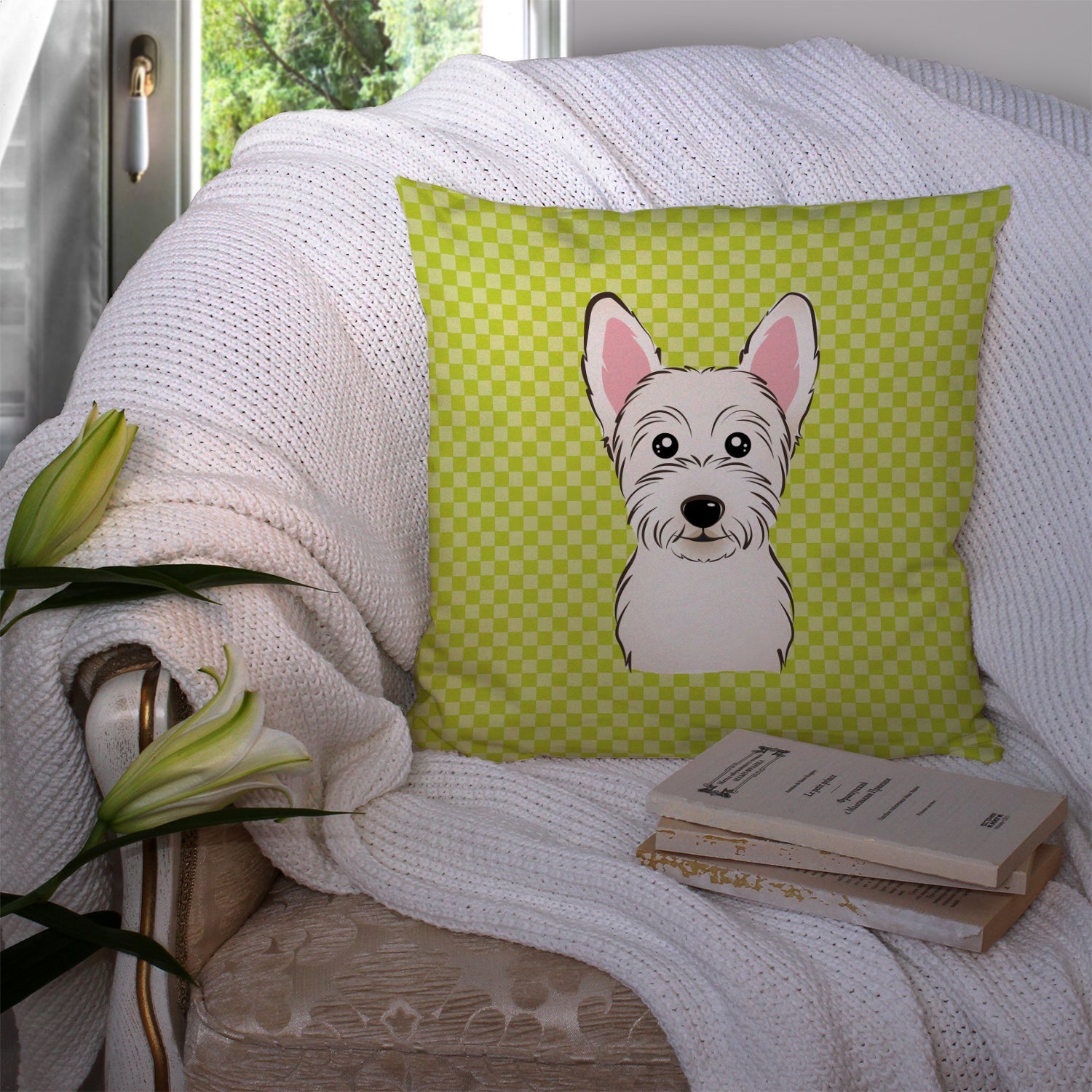 Checkerboard Lime Green Westie Decorative Throw Pillow 14x14 Indoor Outdoor Accent Cushion, Fabric Cover with Insert for Sofa, Bed, Porch & Living Room
