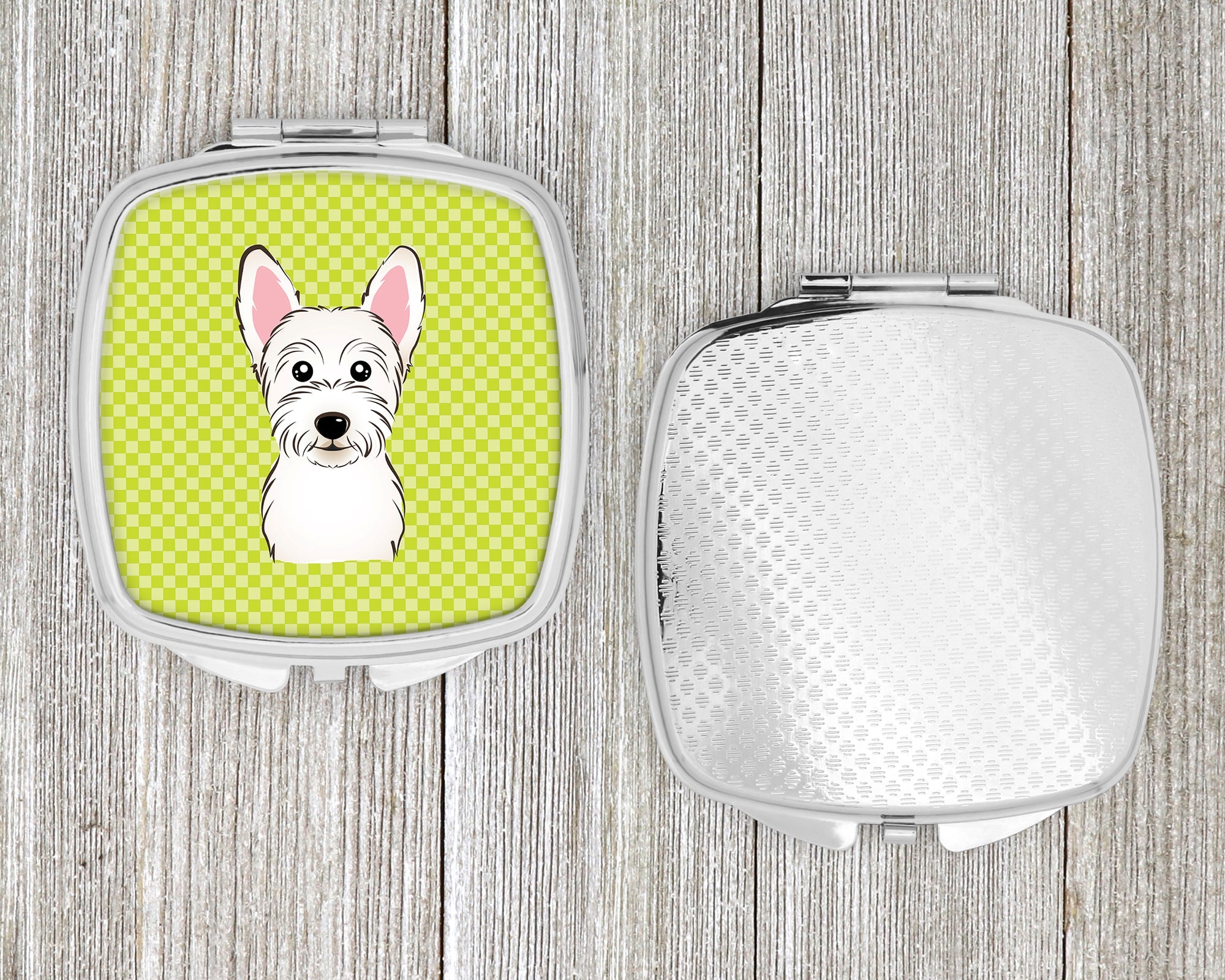 Checkerboard Lime Green Westie Compact Mirror Decorative Travel Makeup Mirror for Women Girls Gifts Pocket Makeup Mirror Folding Handheld