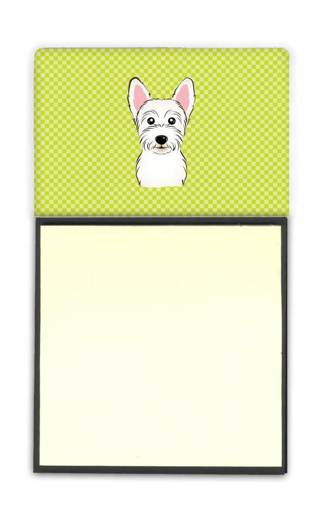 Checkerboard Lime Green Westie Watercolor Sticky Note Holder Refillable Dispenser Desk Accessory 3x3 Pad Gift