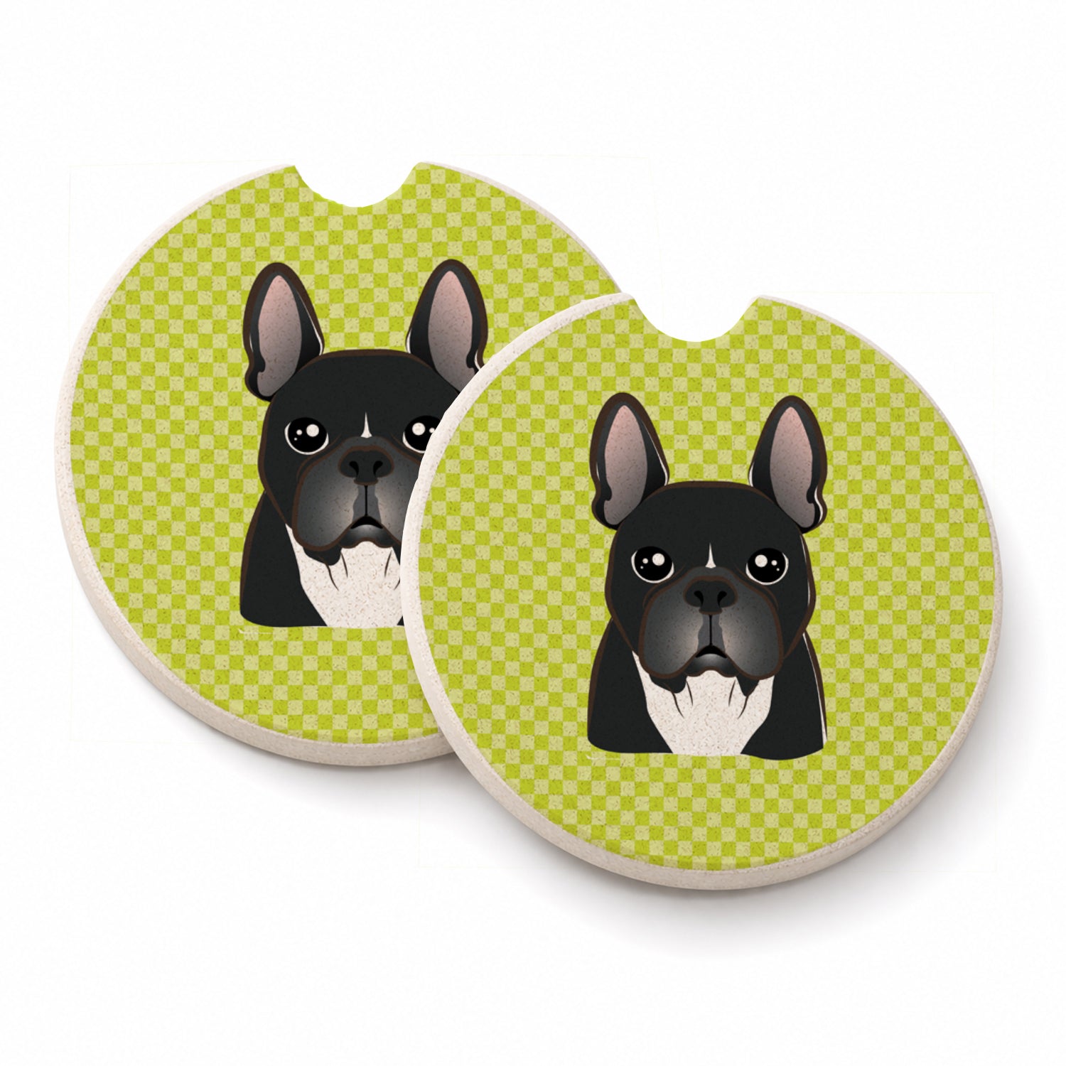 Checkerboard Lime Green French Bulldog Set of 2 Cup Holder Car Coasters Absorbent Round Sandstone Coasters Gifts for Men or Women, 2.5, Multicolor
