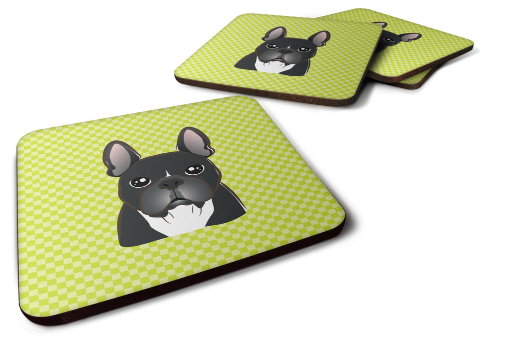 Checkerboard Lime Green French Bulldog Foam Coasters Set of 4 Cup Coasters for Indoor Outdoor, Tabletop Protection, Anti Slip, Mouse pad Material