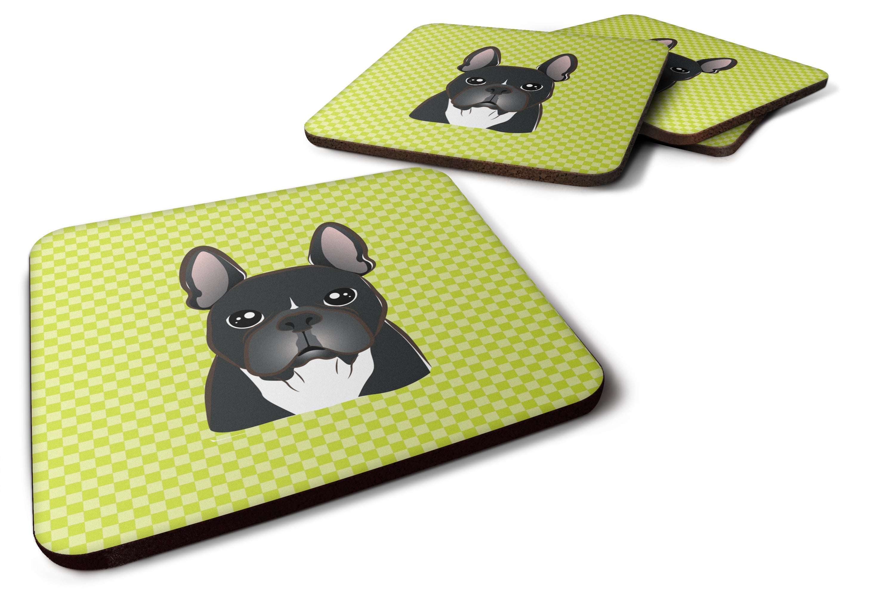Checkerboard Lime Green French Bulldog Foam Coasters Set of 4 Cup Coasters for Indoor Outdoor, Tabletop Protection, Anti Slip, Mouse pad Material