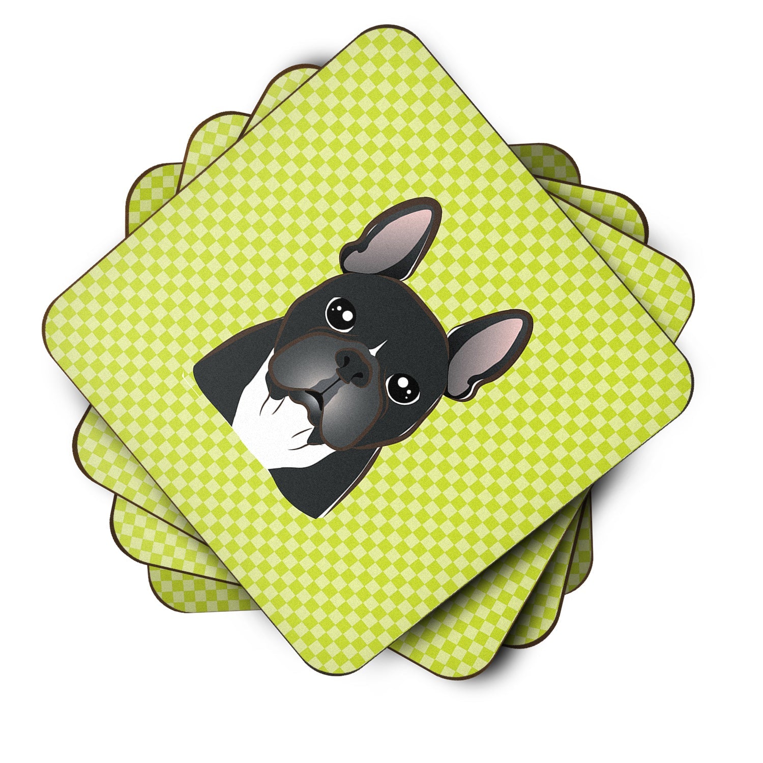 Checkerboard Lime Green French Bulldog Foam Coasters Set of 4 Cup Coasters for Indoor Outdoor, Tabletop Protection, Anti Slip, Mouse pad Material