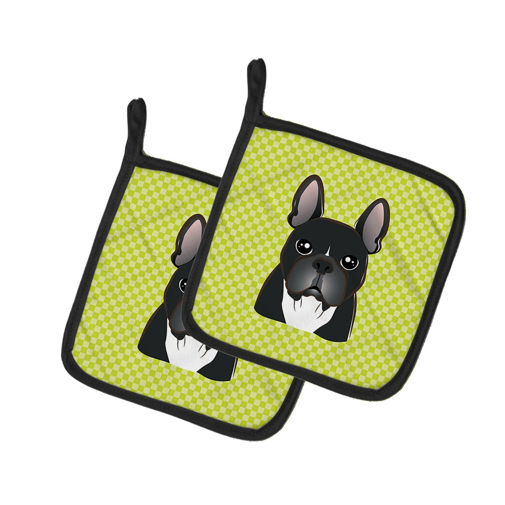 Checkerboard Lime Green French Bulldog Pot Holder Set of 2 Heat Resistant Quilted Hot Pads 7.5 x 7.5 Inch, Insulated Kitchen Trivets for Cooking & Baking