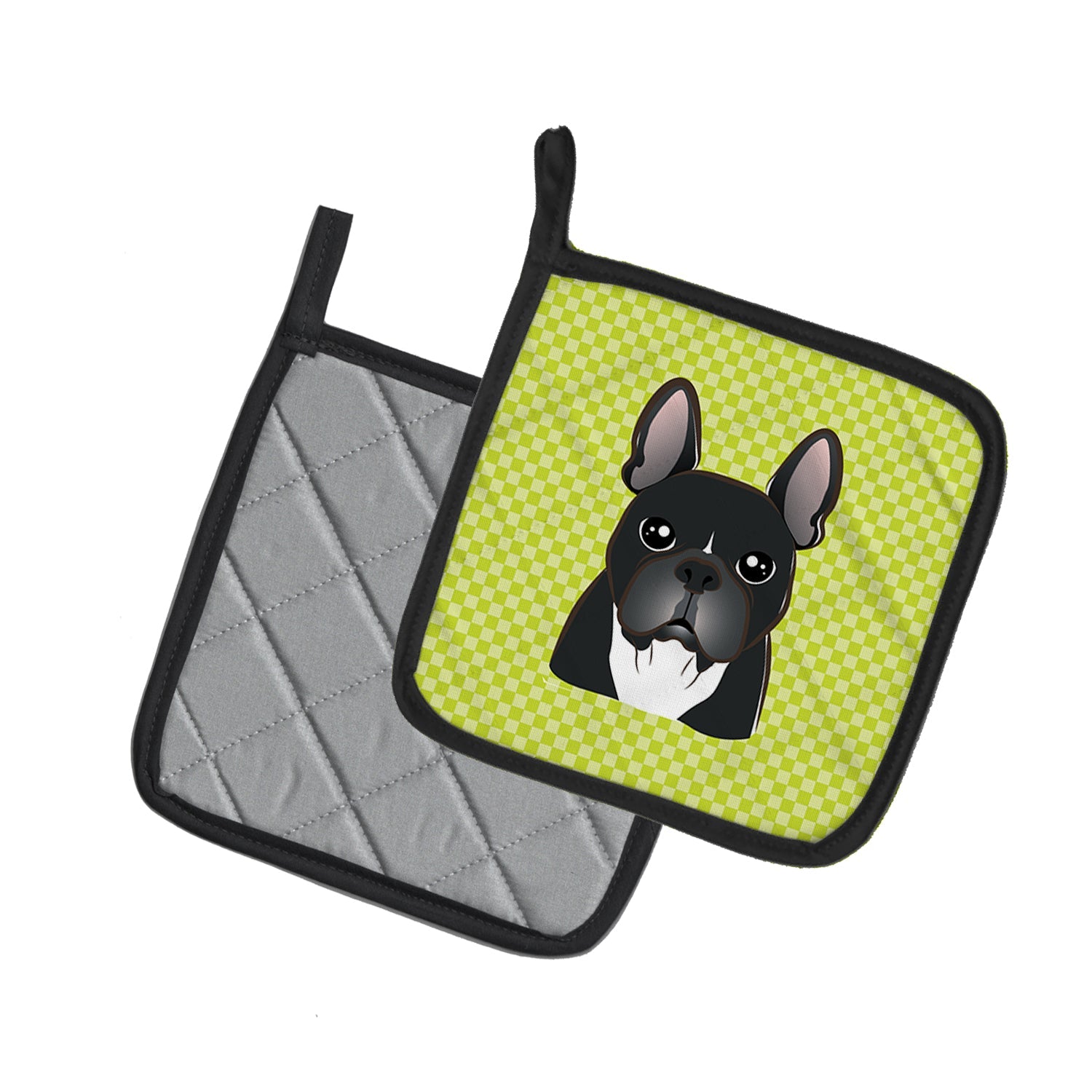Checkerboard Lime Green French Bulldog Pot Holder Set of 2 Heat Resistant Quilted Hot Pads 7.5 x 7.5 Inch, Insulated Kitchen Trivets for Cooking & Baking