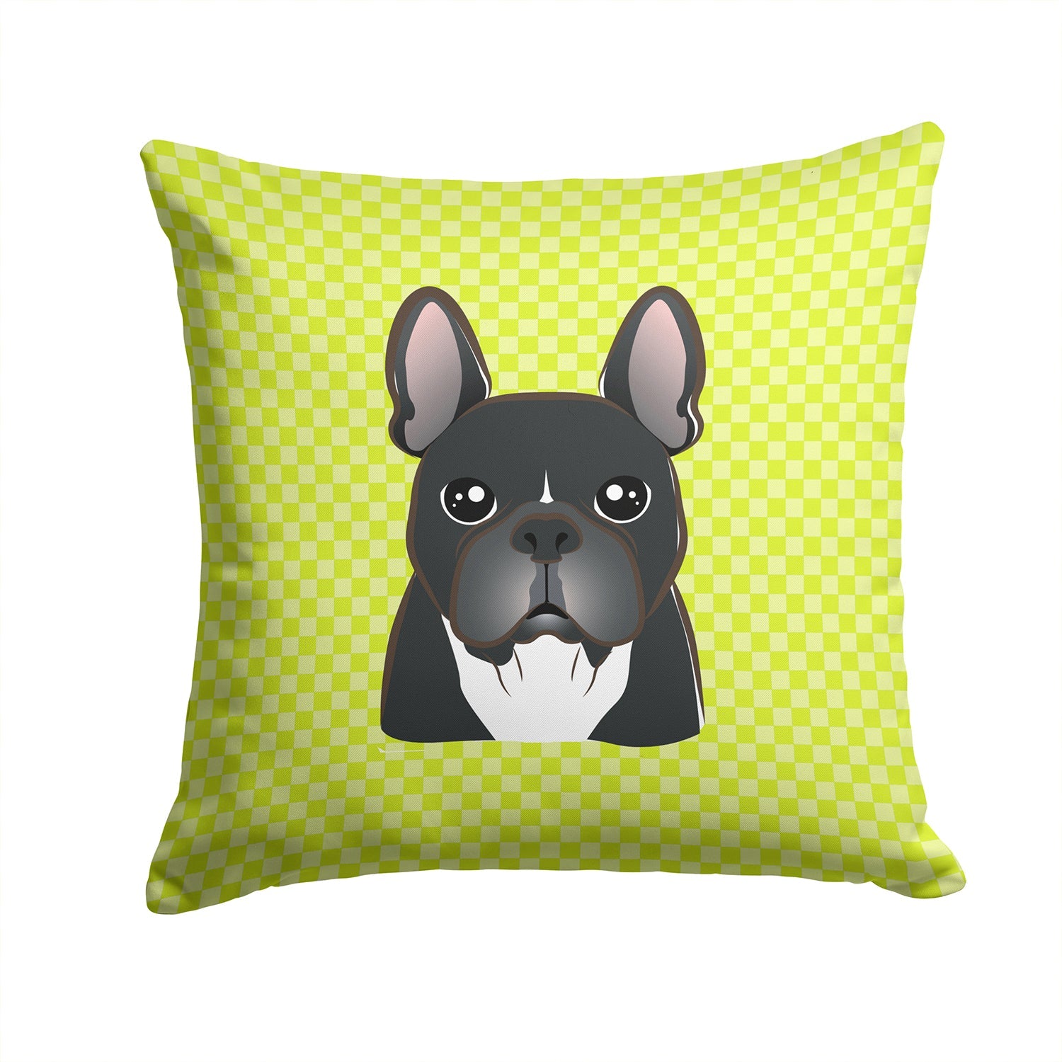 Checkerboard Lime Green French Bulldog Decorative Throw Pillow 14x14 Indoor Outdoor Accent Cushion, Fabric Cover with Insert for Sofa, Bed, Porch & Living Room