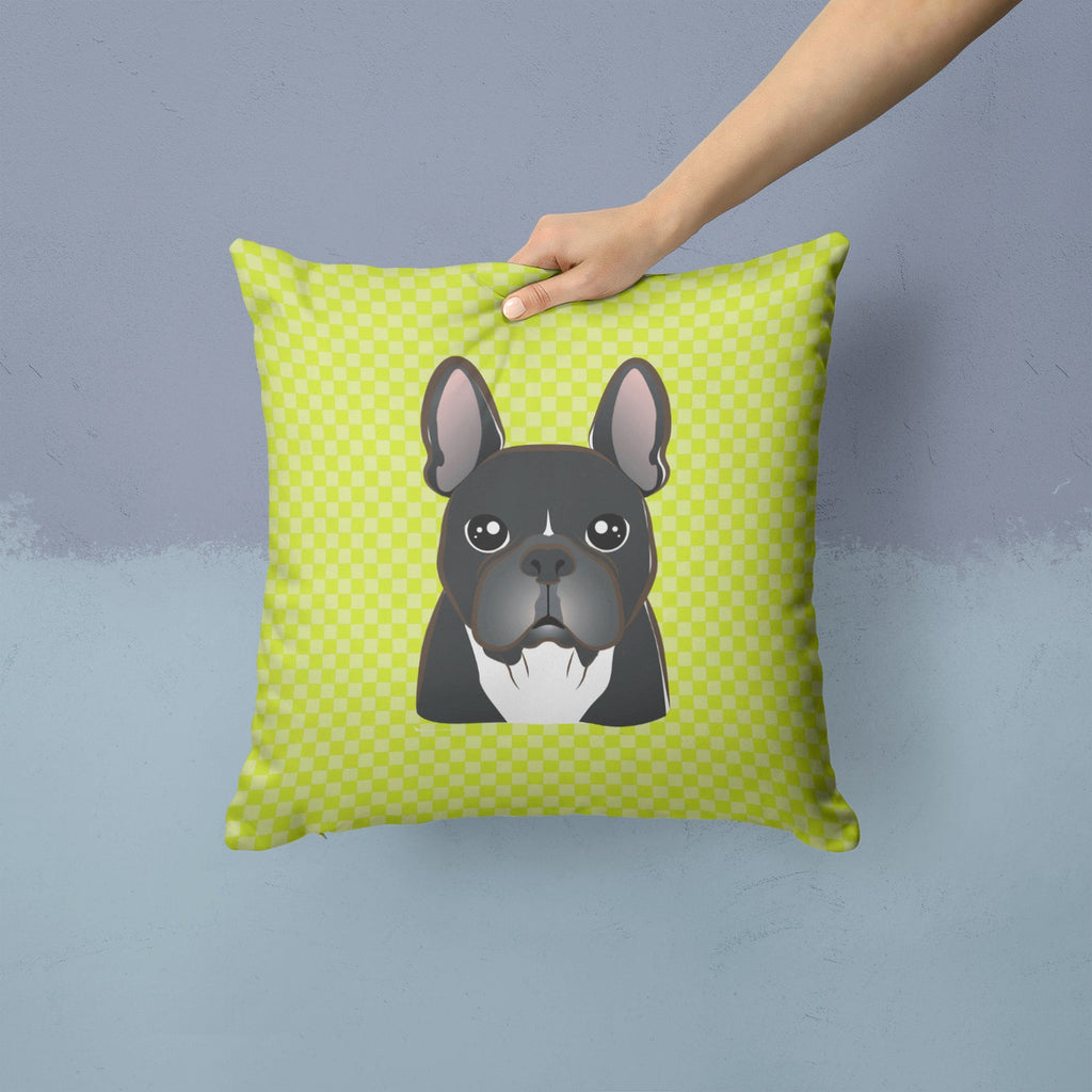 Checkerboard Lime Green French Bulldog Decorative Throw Pillow 14x14 Indoor Outdoor Accent Cushion, Fabric Cover with Insert for Sofa, Bed, Porch & Living Room
