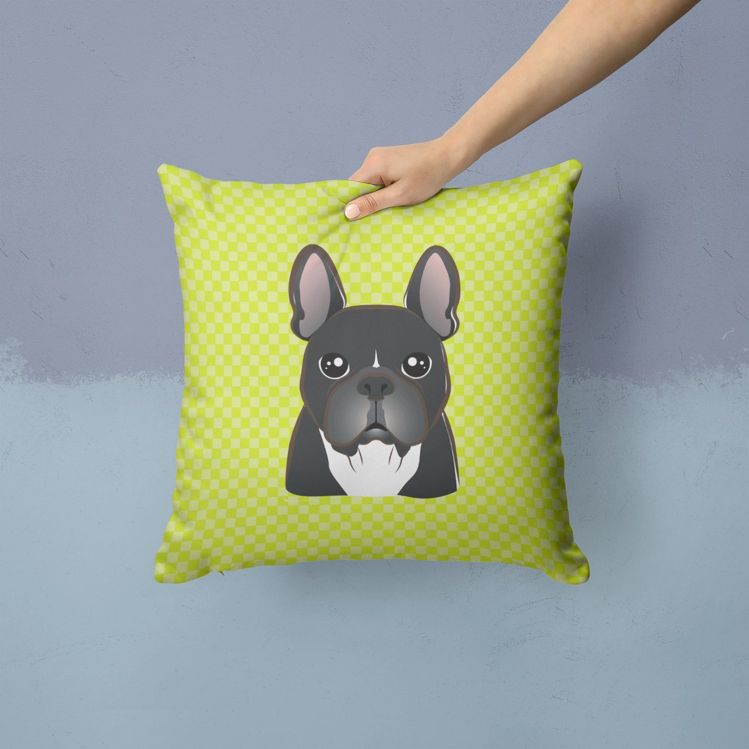 Checkerboard Lime Green French Bulldog Decorative Throw Pillow 14x14 Indoor Outdoor Accent Cushion, Fabric Cover with Insert for Sofa, Bed, Porch & Living Room