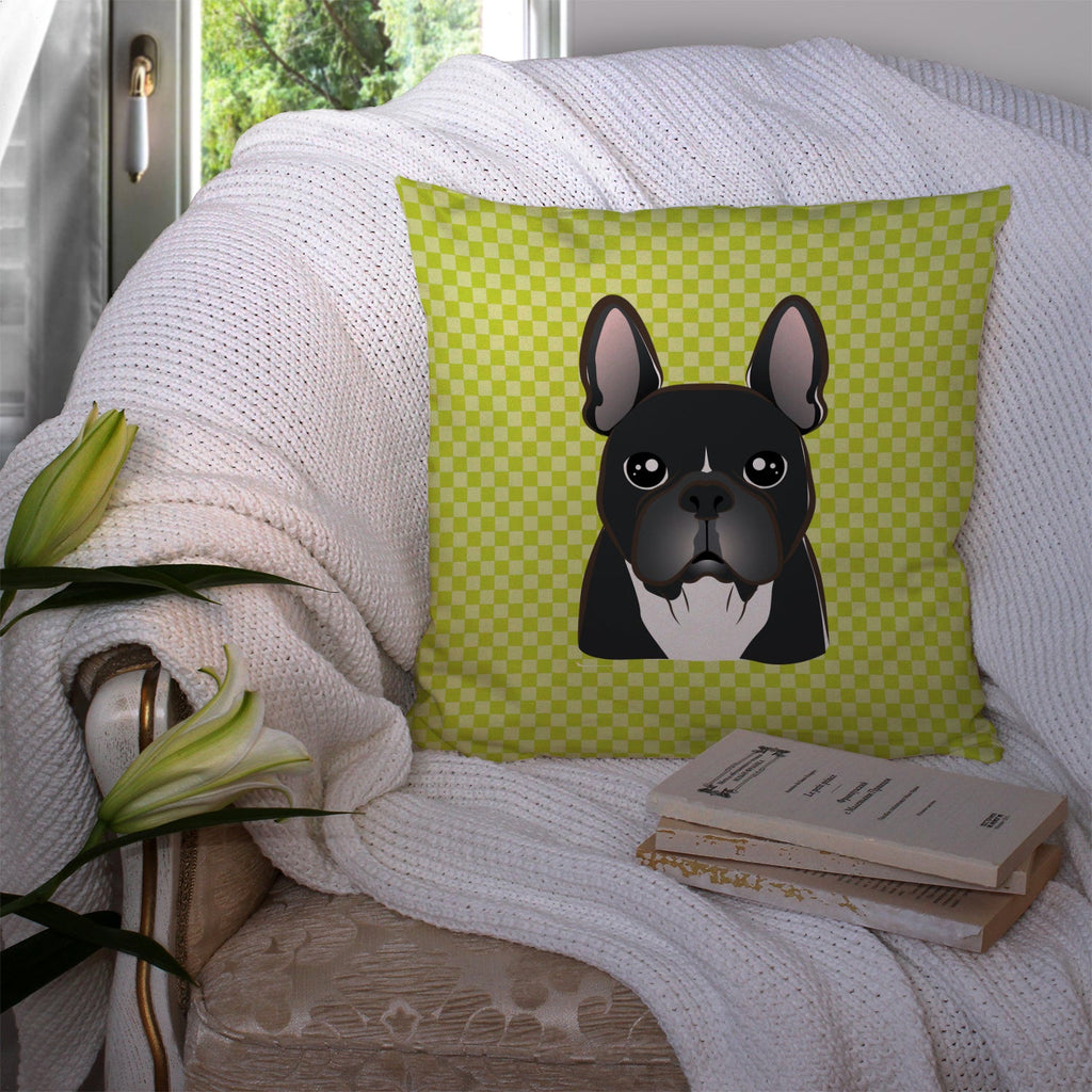 Checkerboard Lime Green French Bulldog Decorative Throw Pillow 14x14 Indoor Outdoor Accent Cushion, Fabric Cover with Insert for Sofa, Bed, Porch & Living Room