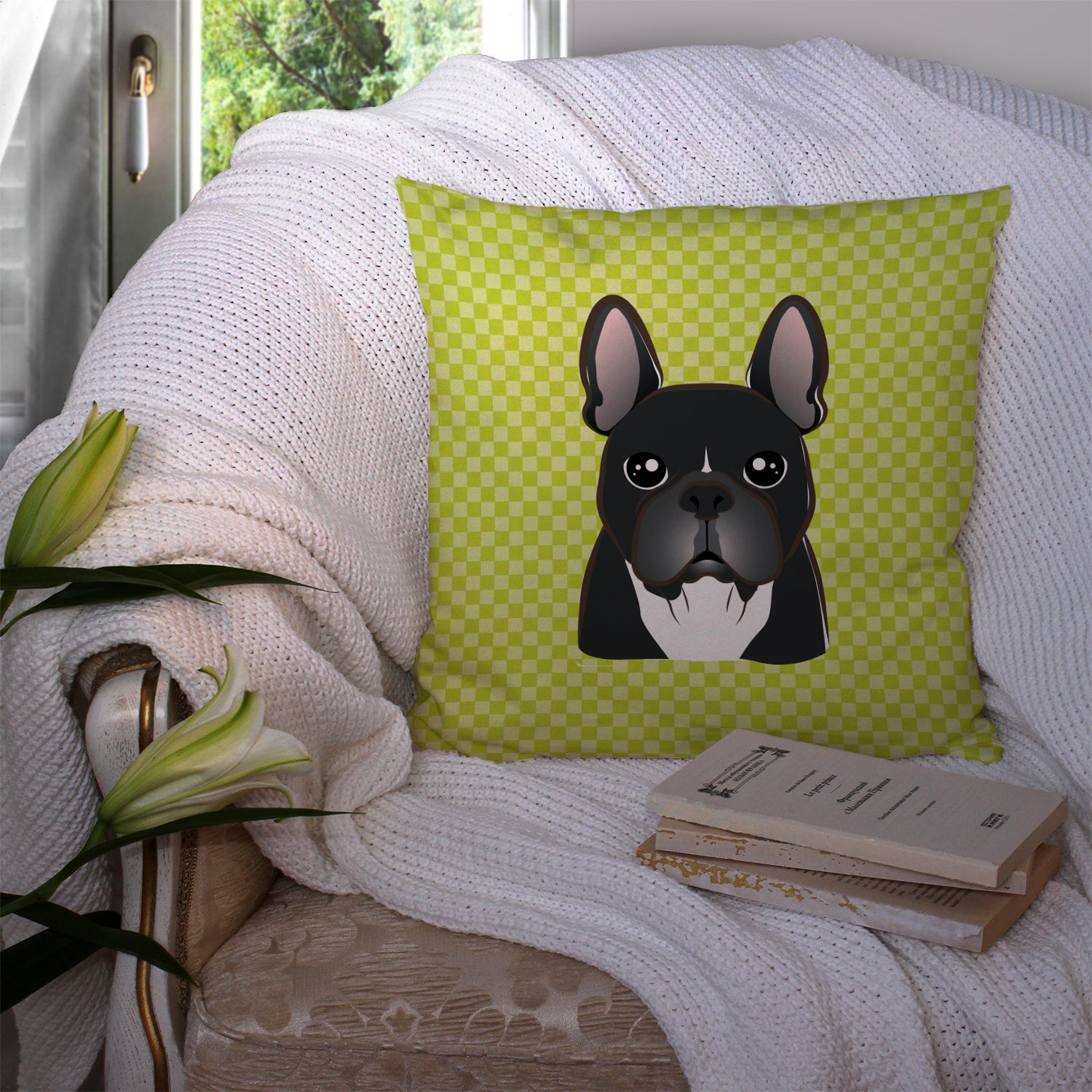 Checkerboard Lime Green French Bulldog Decorative Throw Pillow 14x14 Indoor Outdoor Accent Cushion, Fabric Cover with Insert for Sofa, Bed, Porch & Living Room