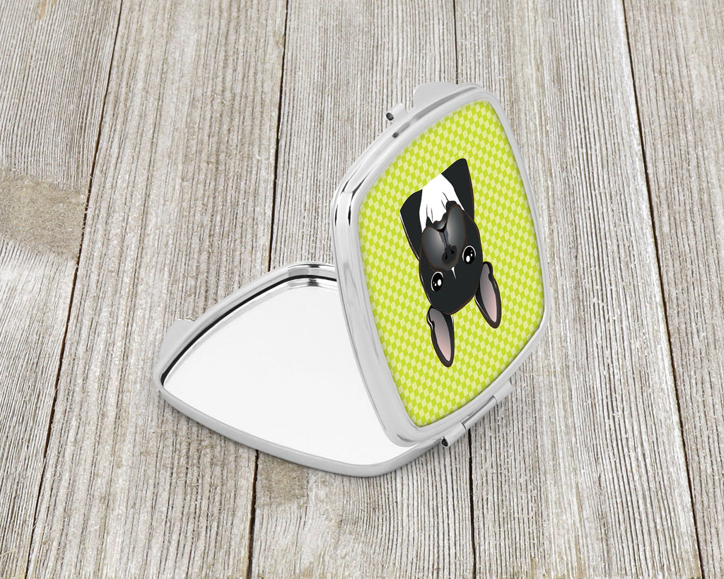Checkerboard Lime Green French Bulldog Compact Mirror Decorative Travel Makeup Mirror for Women Girls Gifts Pocket Makeup Mirror Folding Handheld