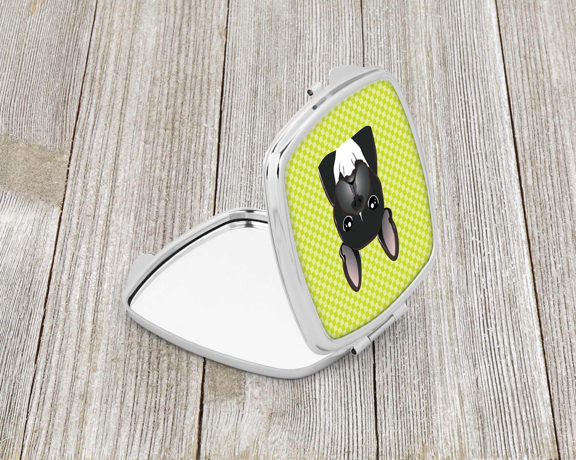 Checkerboard Lime Green French Bulldog Compact Mirror Decorative Travel Makeup Mirror for Women Girls Gifts Pocket Makeup Mirror Folding Handheld