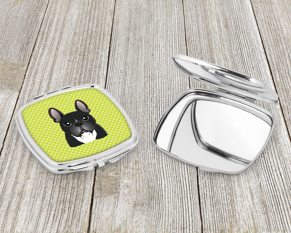 Checkerboard Lime Green French Bulldog Compact Mirror Decorative Travel Makeup Mirror for Women Girls Gifts Pocket Makeup Mirror Folding Handheld