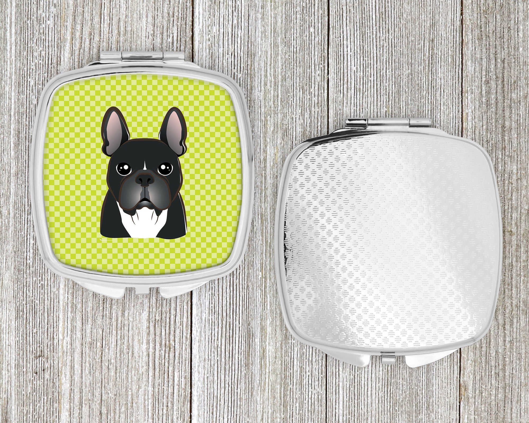 Checkerboard Lime Green French Bulldog Compact Mirror Decorative Travel Makeup Mirror for Women Girls Gifts Pocket Makeup Mirror Folding Handheld