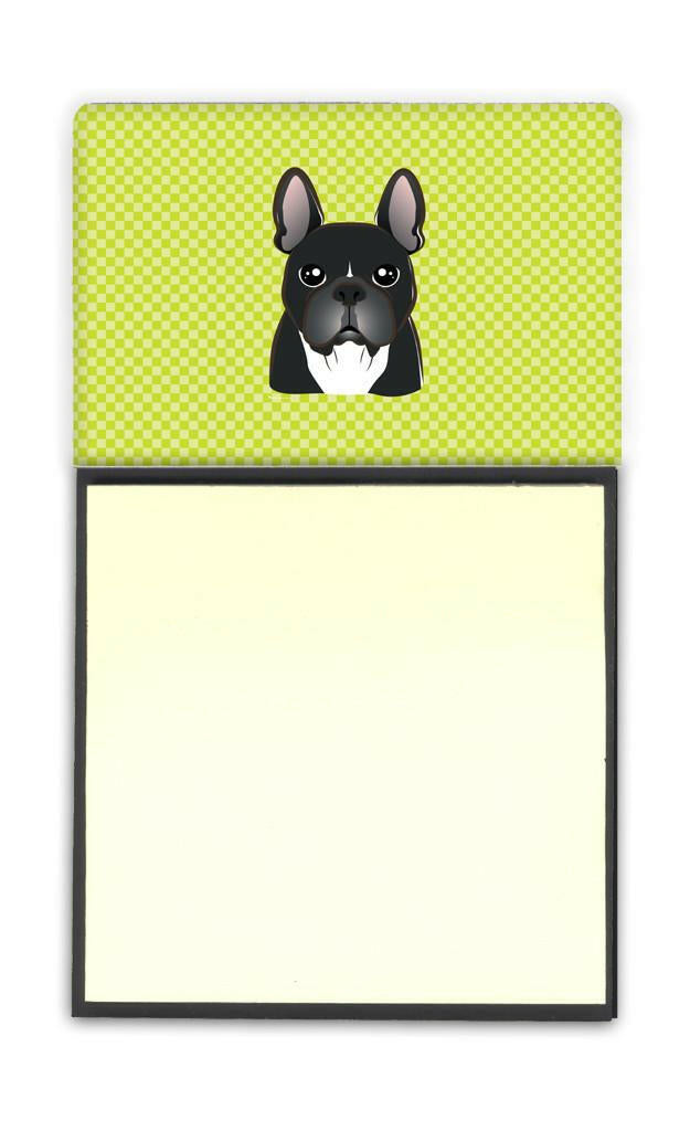 Checkerboard Lime Green French Bulldog Watercolor Sticky Note Holder Refillable Dispenser Desk Accessory 3x3 Pad Gift