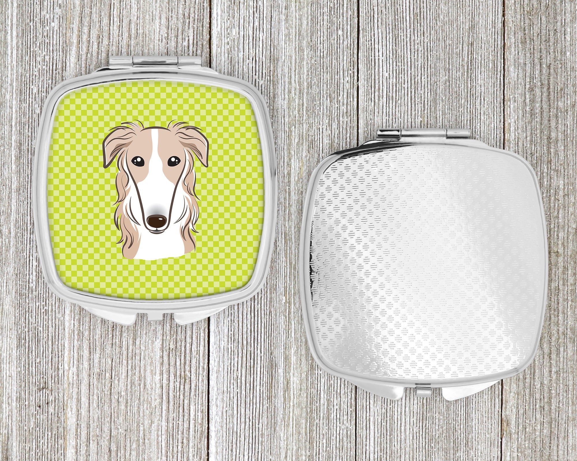 Checkerboard Lime Green Borzoi Compact Mirror Decorative Travel Makeup Mirror for Women Girls Gifts Pocket Makeup Mirror Folding Handheld