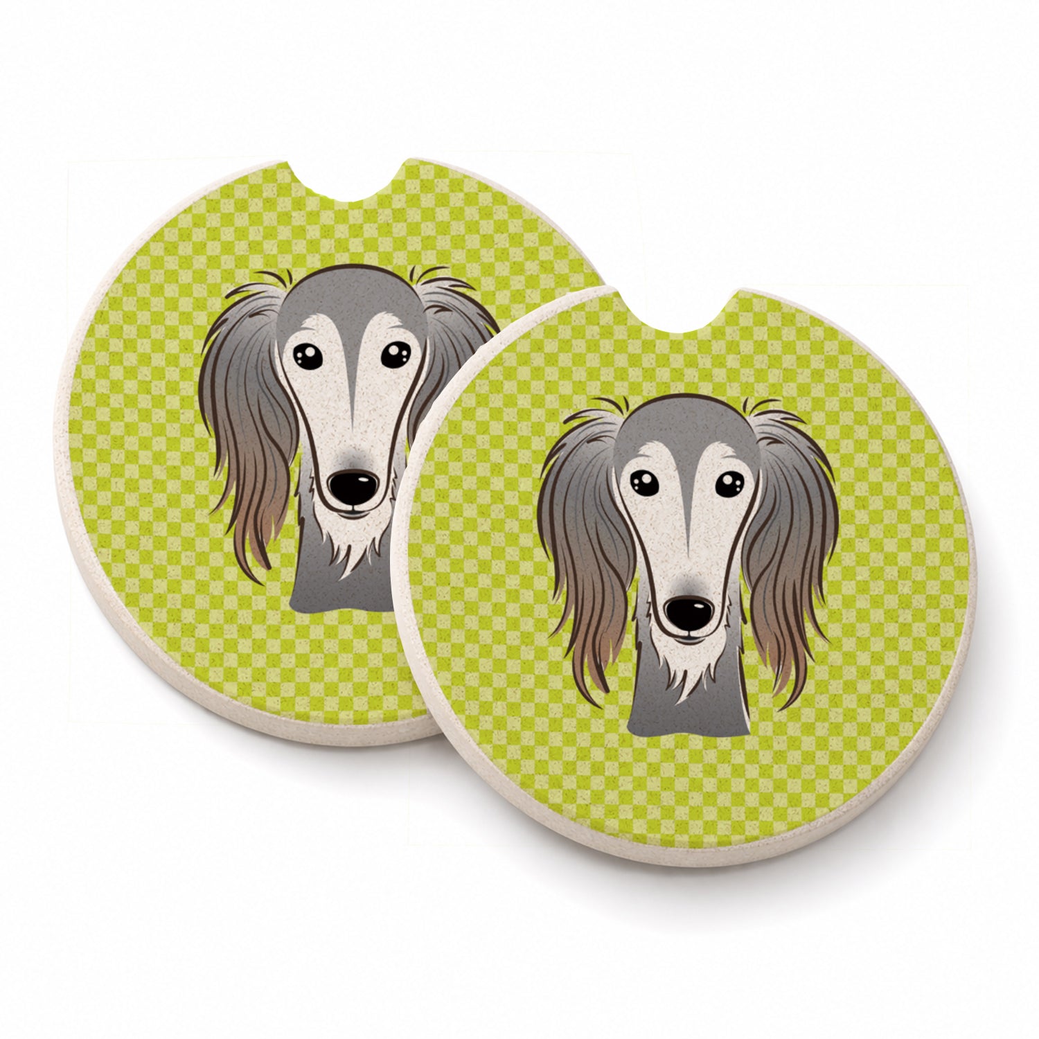 Checkerboard Lime Green Saluki Set of 2 Cup Holder Car Coasters Absorbent Round Sandstone Coasters Gifts for Men or Women, 2.5, Multicolor