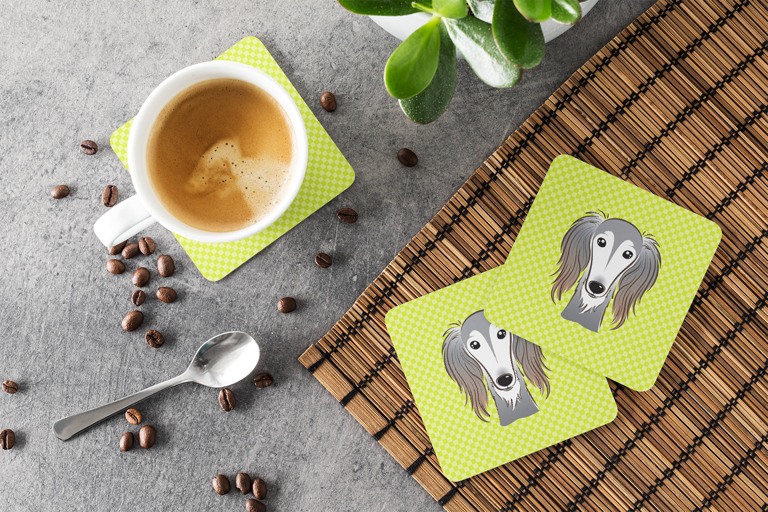 Checkerboard Lime Green Saluki Foam Coasters Set of 4 Cup Coasters for Indoor Outdoor, Tabletop Protection, Anti Slip, Mouse pad Material