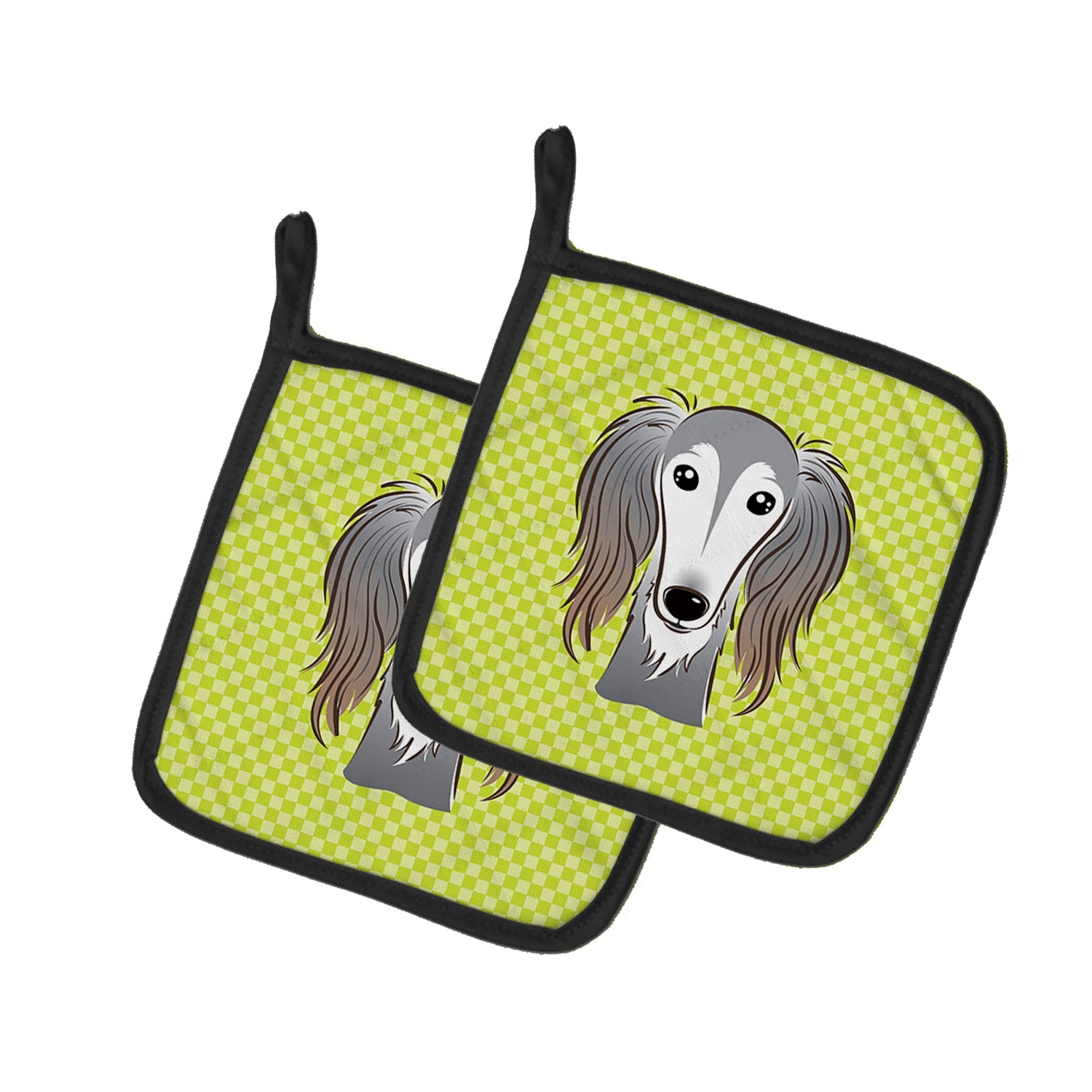 Checkerboard Lime Green Saluki Pot Holder Set of 2 Heat Resistant Quilted Hot Pads 7.5 x 7.5 Inch, Insulated Kitchen Trivets for Cooking & Baking