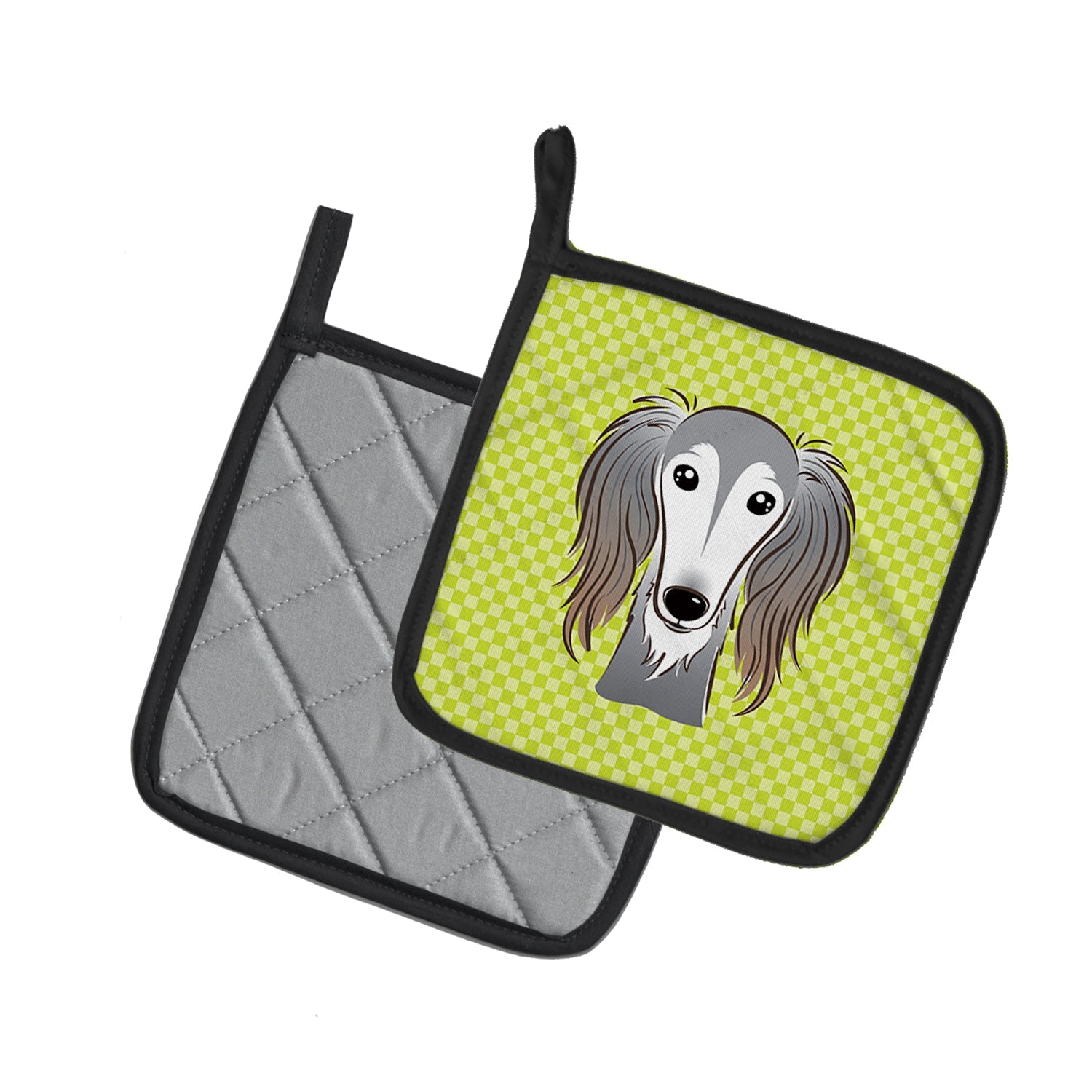 Checkerboard Lime Green Saluki Pot Holder Set of 2 Heat Resistant Quilted Hot Pads 7.5 x 7.5 Inch, Insulated Kitchen Trivets for Cooking & Baking