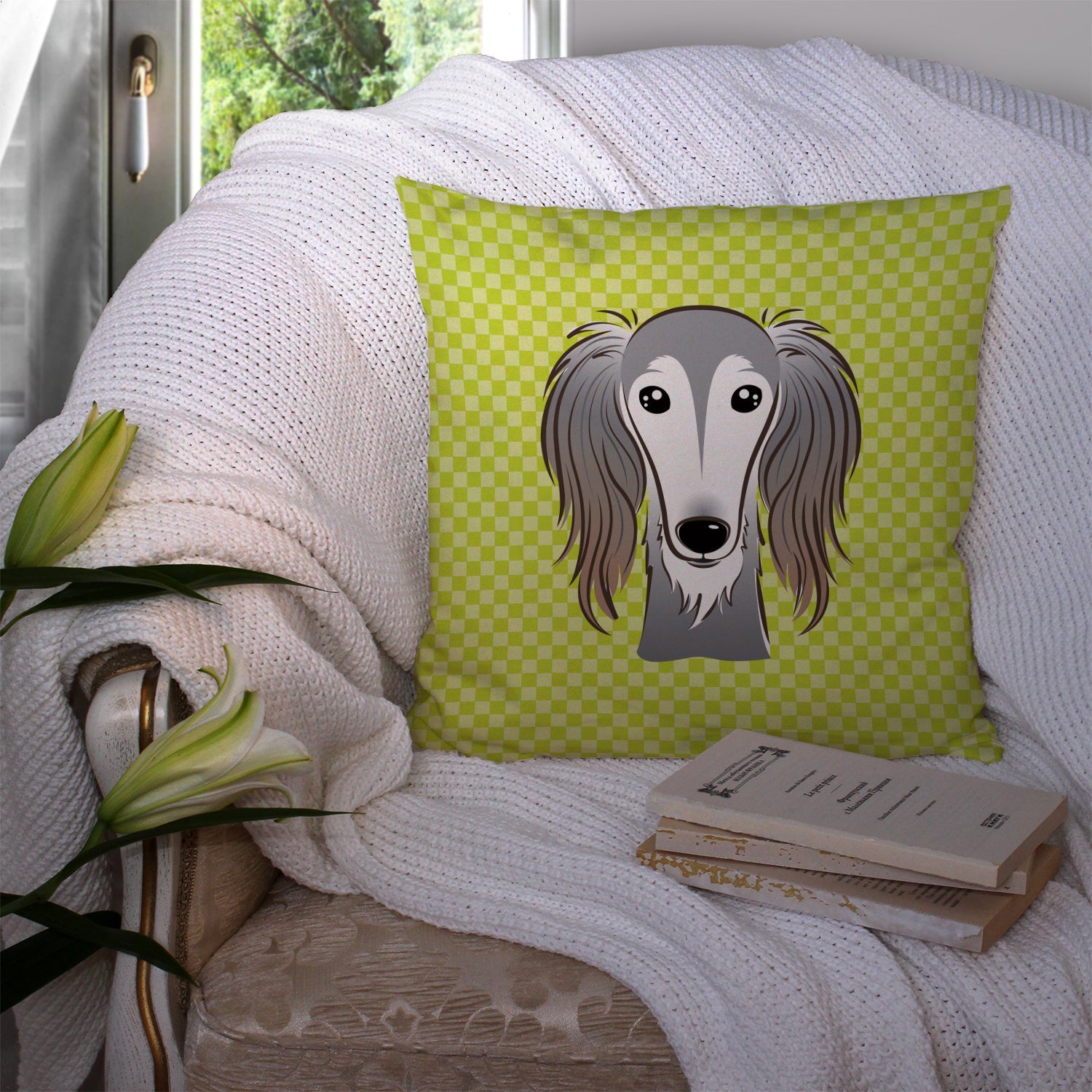 Checkerboard Lime Green Saluki Decorative Throw Pillow 14x14 Indoor Outdoor Accent Cushion, Fabric Cover with Insert for Sofa, Bed, Porch & Living Room